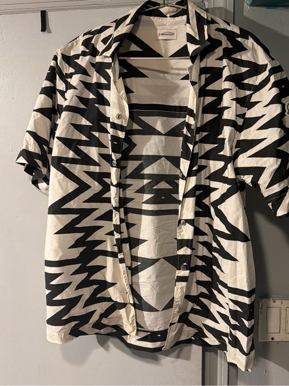 Moncler Black and White Graphic Short-Sleeve Button-Down Shirt